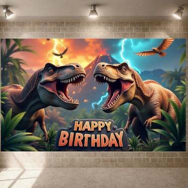 Imagem de Tema de aniversário de dinossauro, tema de festa jurássica, aniversário pré-histórico, celebração de dinossauro, faixa de celebração pré-histórica, faixa de festa de dinossauro, detalhes florais para