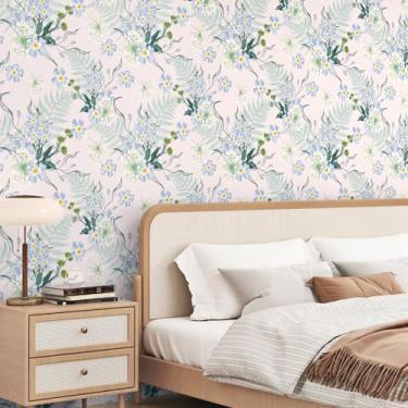 Imagem de Yullpaper Papel de parede floral removível roxo floral papel de parede quarto berçário botânico papel de parede boho para parede armários de vinil papel de parede tapiz 17,5 pol. × 102,3 pol