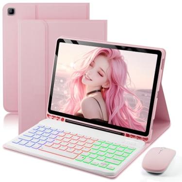 Imagem de Capa com teclado para Samsung Galaxy Tab A7 26.4 cm 2020 – teclado magnético destacável retroiluminado com mudança de arco-íris de 7 cores com suporte para caneta S com mouse – Rosa