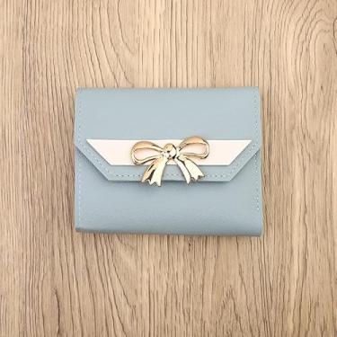 Imagem de Carteira Bow com três dobras, bolsa feminina compacta com fecho de pressão, porta-cartões e bolso para moedas, Azul, Tendência