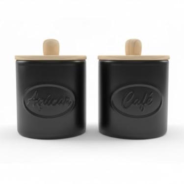Imagem de Jogo Porta Mantimentos Cerâmica Café e Açúcar 1kg - Conjunto 2 Peças com Tampa de Madeira e Puxador - Kit Organizador (PRETO)