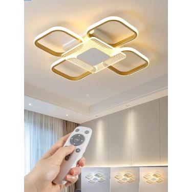 Imagem de Luminária de teto LED moderna dourada geométrica quadrada, em ferro e acrílico, com controle remoto e regulagem contínua de intensidade, ideal para sala de estar, cozinha, escritório, quarto