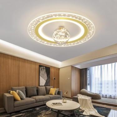 Imagem de Luminária de teto LED moderna, dimerizável com controle remoto, luminária redonda com céu estrelado para cozinha, quarto infantil, quarto, lustre para sala de estar (Cor: Dourado, Tamanho: