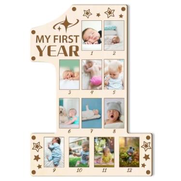 Imagem de ORIGACH Quadro de exibição de fotos número 1 Shape My First Year Baby Growth, quadro de lembrança de madeira para 12 meses para decoração de primeiro aniversário e berçário, padrão de estrela