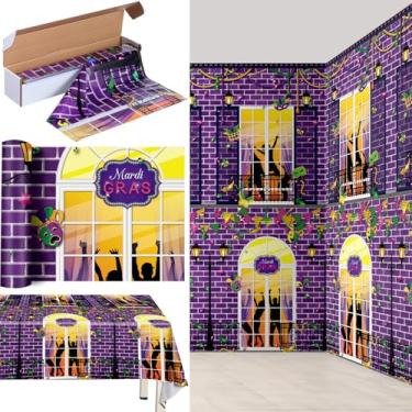 Imagem de Tiamon Toalha de mesa de carnaval descartável de carnaval de 30,5 m x 137 cm, cobertura de mesa de plástico para dançar, cortada no tamanho certo para decoração de carnaval e festa de carnaval