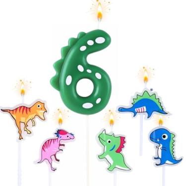 Imagem de YUNSHANGMO Conjunto de velas de aniversário de dinossauro, velas de bolo com tema de dinossauro, 15 cm, verde, com 5 peças, velas de dinossauro para número de aniversário, cupcake, topos