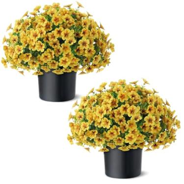 Imagem de 2 conjuntos de glória artificial da manhã e topiária de eucalipto - vasos de plantas de flores de seda sintética, arbustos falsos resistentes a UV para porta da frente, quintal, casa de fazenda