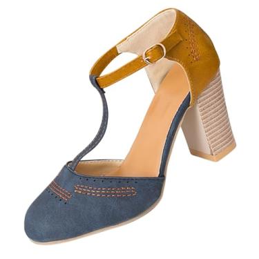 Imagem de Sandálias femininas de salto alto, bico fechado, colorblock, casual, tira em T, salto grosso, exterior, interior, bico redondo, ajustável, vários tamanhos, Azul royal, 35