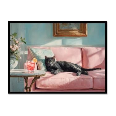 Imagem de Gato preto com estampa de arte Martini fofo gato peculiar coquetel bar decoração moderna casa cozinha arte de parede pintura em tela pôster estética (SKU2,12x18 polegadas = (30 x 45 cm), moldura de