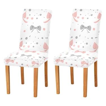Imagem de SEHANY Conjunto de 2 capas de cadeira com laço de bolinhas rosa para sala de jantar, elástico, removível e lavável, para cozinha, hotel, festa, Natal