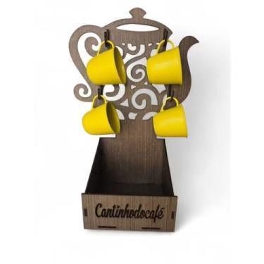 Imagem de Suporte Bule + 4 Xícaras Cantinho do Café Chá Escolha Cor Porta Xícaras Cozinha Organizador Bandeja (Bule Marrom C/Xicara Amarelo)