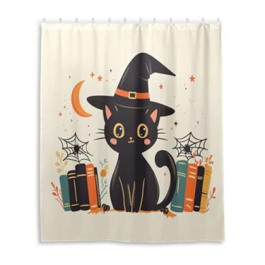 Imagem de Wassud Cortinas de chuveiro Halloween preto gato cortina de chuveiro para banheiro conjunto de cortina de chuveiro impermeável com 12 ganchos 152 x 182 centímetros