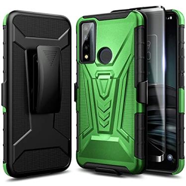 Imagem de NZND Capa para TCL 4X 5G (T601DL)/TCL 20A 5G com protetor de tela de vidro temperado (cobertura máxima), suporte com clipe de cinto, capa protetora resistente à prova de choque (verde)