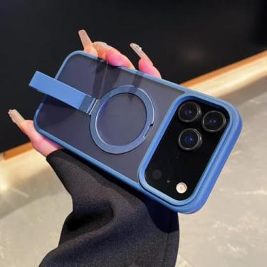Imagem de SFDSUH Capa de luxo com suporte magnético em anel de metal fosco para iPhone 16 Pro Max, transparente e com alça de pulso (para iPhone 16 Pro Max/Azul Marinho)