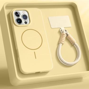 Imagem de IRTGFG Capa magnética de luxo com alça de silicone líquido e capa macia para iPhone 16 Pro (para iPhone 16 Pro/amarelo)