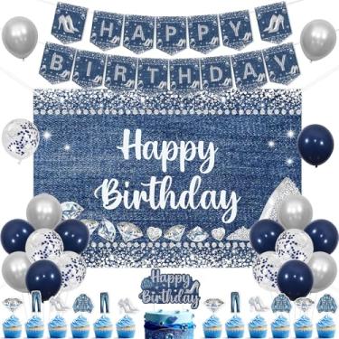 Imagem de kreat4joy Decoração de festa de aniversário de jeans e diamantes, faixa de fundo de jeans e diamantes, topo de bolo, topo de bolo, balão de látex para mulheres, meninas, cristal, 18, 20, 30 anos