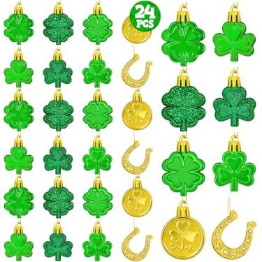 Imagem de Conjunto de 24 peças de decorações de Dia de São Patrício, moedas de ouro, trevo de quatro folhas, ornamentos de trevo de ferradura para árvore, pingentes da sorte irlandeses, decoração do dia de São