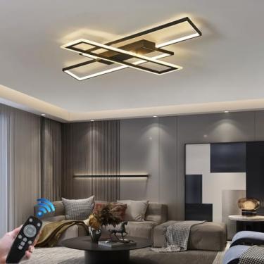 Imagem de Luminária de teto moderna em LED, luminária interna preta com intensidade regulável, lustre grande retangular em metal para sala de estar, luminária de teto com controle remoto, luminária ge