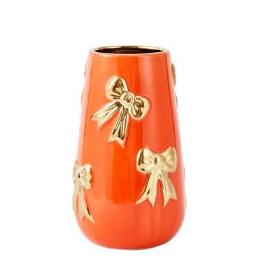 Imagem de OTARTU Vaso de flores decorativo moderno, vaso de cerâmica branca com laço dourado, vasos elegantes para grama dos pampas, decoração de casa moderna minimalista, prateleira de mesa, sala de estar