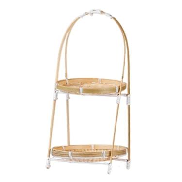 Imagem de MotiveTech Bandeja de bambu trançado para servir petiscos com alça, ideal para exibir alimentos e presentes, e como cesta de armazenamento para sobremesas, 2 Camadas