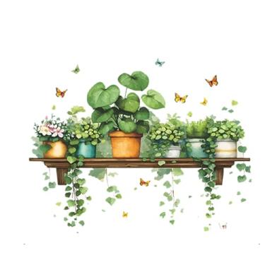 Imagem de Achang Adesivos de parede de plantas pintados Pothos prateleira de plantas em vaso borboleta janela de vidro adesivo de decoração de casa descasque e cole para sala de estar, quarto, TV, parede, sala
