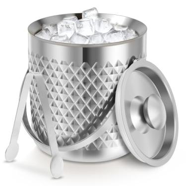 Imagem de Balde de gelo com tampa e pinça, balde de gelo de aço inoxidável de parede dupla de 1,927 g, aço inoxidável isolado bem feito, mantém o gelo congelado por mais tempo, ideal para bar de coquetéis