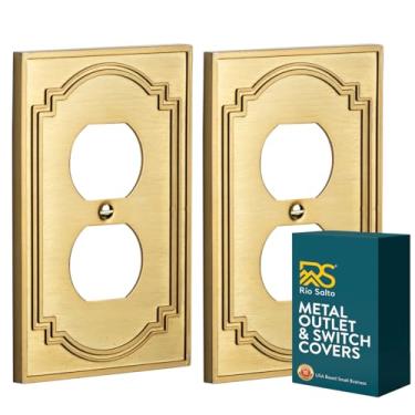 Imagem de Rio Salto Heritage Collection Single Gang Duplex – Capa de tomada de metal dourado de latão escovado, capas de interruptor de luz decorativas tamanho médio 12,7 x 8 cm, placa de parede premium