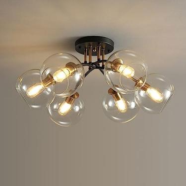 Imagem de Lustre de teto moderno com múltiplas lâmpadas, luminária pendente criativa para interiores, ideal para sala de estar, quarto, sala de jantar e cozinha. Lustre de vidro semi-embutido.