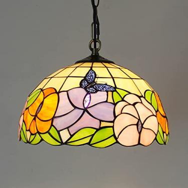 Imagem de Lustre estilo Tiffany de 30 cm, luminária pendente vintage feita à mão em vitral, altura ajustável, lâmpada de teto LED E27 para decoração de sala de estar, quarto e sala de jantar (1 lâmpad