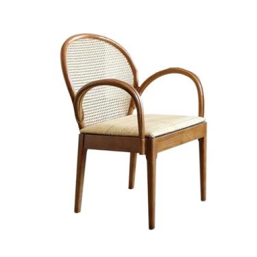 Imagem de Cadeira de vime moderna de vime de meados do século – Assento estofado de madeira natural com apoios de braços para casa, sala de jantar, cozinha, cadeira de vime