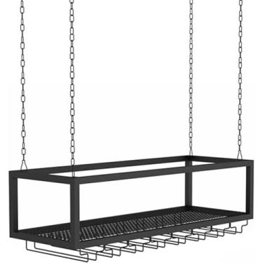 Imagem de Organizador para pendurar no teto – Suporte de garrafa de metal preto para bar doméstico, prateleira de armazenamento de taças de champanhe, prateleiras flutuantes montadas na parede para cozinha