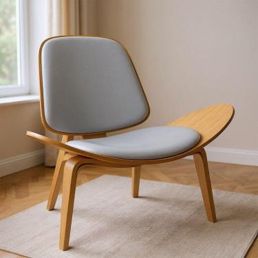 Imagem de Poltrona Decorativa Base De Madeira Shell Sintético P01 - D`rossi Cor Cinza