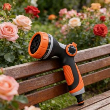 Imagem de Bocal de pulverizador de mangueira laranja com 10 padrões, 1 peça de bocal ajustável para mangueira de jardim com aderência confortável para regar, limpar cuidados com o gramado