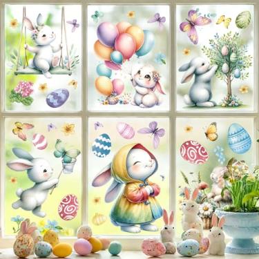 Imagem de Joeyan 92 peças de adesivos de janela de Páscoa, grande dupla face reutilizável adesivos de janela com coelho ovos balões borboletas flores para casa vidro sala de aula janela porta parede, decoração