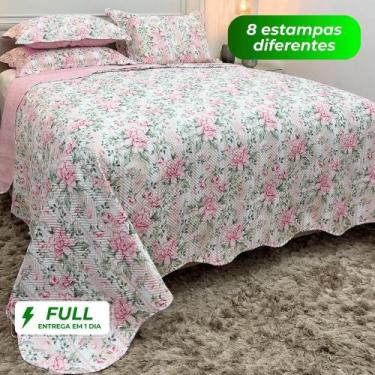 Imagem de Kit Colcha Cobre Leito Casal Queen King Cacintex 3 Pçs Estampada Flori