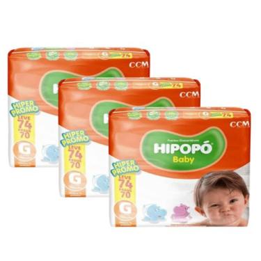 Imagem de Kit 3 Fralda Descartável Infantil Hipopó Baby Hiper Tamanho G - Total 