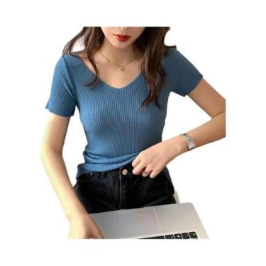 Imagem de Suéter Feminino Slim De Verão Com Decote Em V, Tricô Canelado, Manga C