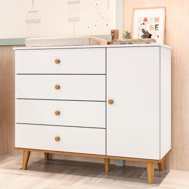 Imagem de Cômoda Infantil Retrô 4 Gavetas com Porta Fraldário Pés Palito Lígia MDF Branca Carolina Baby