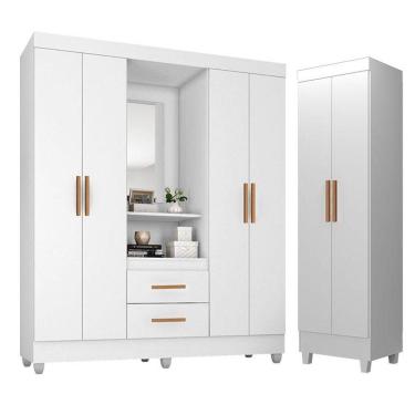 Imagem de Guarda Roupa Casal Capela Com Armário Multiuso Lite Branco Brilho - Móveis Leão