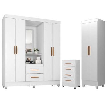 Imagem de Guarda Roupa Casal Capela Com Cômoda 4 Gavetas E Armário Multiuso Lite Branco Brilho - Móveis Leão