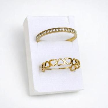 Imagem de Kit 2 Anéis Aparador e Anel de Corações Dourados Aço Inox 316L Feminin