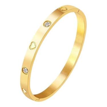 Imagem de Bracelete Aco Inoxdavel Fino Delicado Strass Banhado Ouro 18K-Pulseira