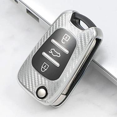 Imagem de WSWJDW Fibra de carbono TPU chaveiro carro capa chaveiro anel chave bolsa, apto para Hyundai i20 i30 ix35 Solaris Elantra acento Kia Ceed K2 K5 Sportage, prata