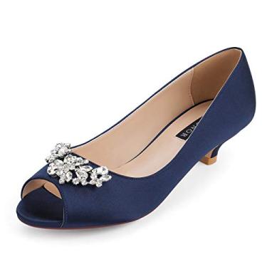 Imagem de ERIJUNOR sapato feminino confortável salto baixo gatinho strass peep toe casamento noite festa sapatos social escarpim, Azul marino, 7.5