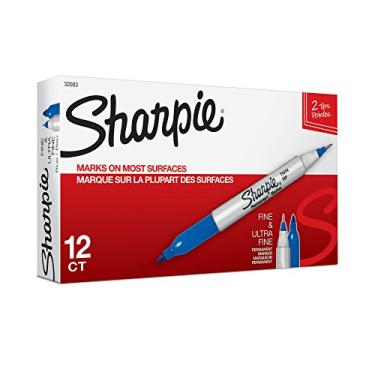 Imagem de Sharpie Marcadores permanentes de ponta dupla, fino e ultrafino, azul, 12 unidades