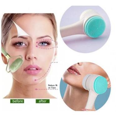 Imagem de Rolo Massageador Facial Pedra Jade Anti Rugas + Escova Limpeza - Face