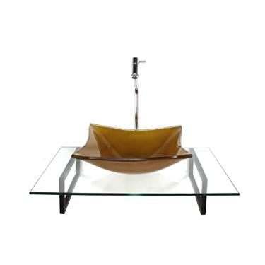 Imagem de KIT CUBA DE VIDRO QUADRADA DOURADO REAL COM TAMPO 60CM INCOLOR E SUPORTE PRETO