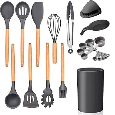 Imagem de Conjunto de utensílios de silicone antiaderentes com cabos de madeira – Conjunto de utensílios de cozinha de silicone com 13 Peças (Cinza)