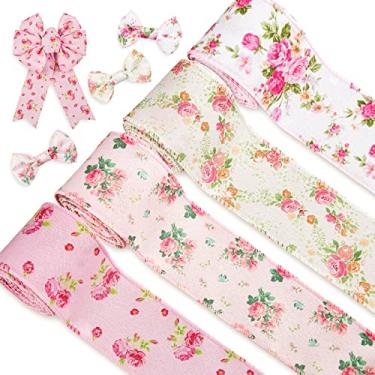 Imagem de Whaline Fita floral com borda com fio 4 rolos padrão de flor rosa fita primavera verão tecido decorativo artesanato rolo de fita para presente decoração laço de cabelo costura guirlanda artesanato, 50 jardas x 6,5 cm