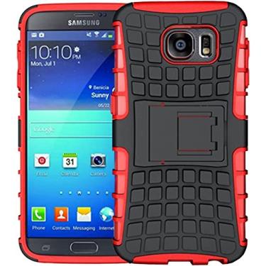 Imagem de Capa para Samsung Galaxy S6 capa de telefone à prova de choque de grau militar com 【360 °suporte giratório de toque】 【Protetor de tela de vidro temperado】 (vermelho)